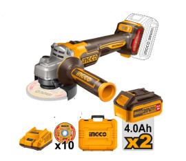 AMOLADORA ANGULAR INGCO 115MM 20V 2 BATERIAS (4AH) + VALIJA Y DISCOS 