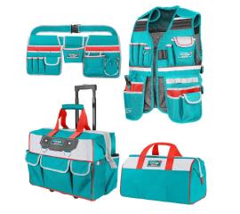 COMBO X 4 PORTA HERRAM. CINTURON + CHALECO + VALIJA CON RUEDAS 20